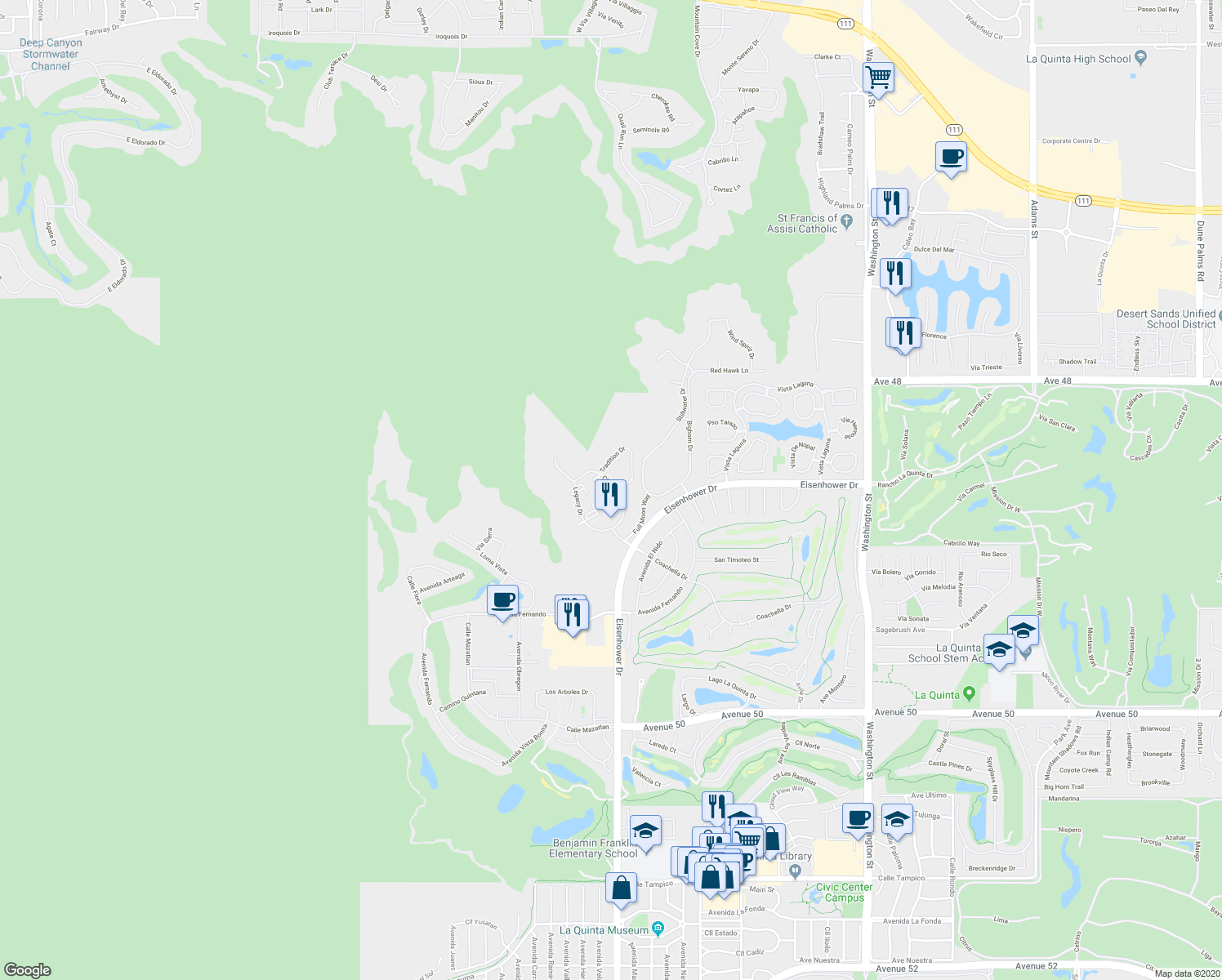 map of restaurants, bars, coffee shops, grocery stores, and more near 48637 Classic Drive in La Quinta