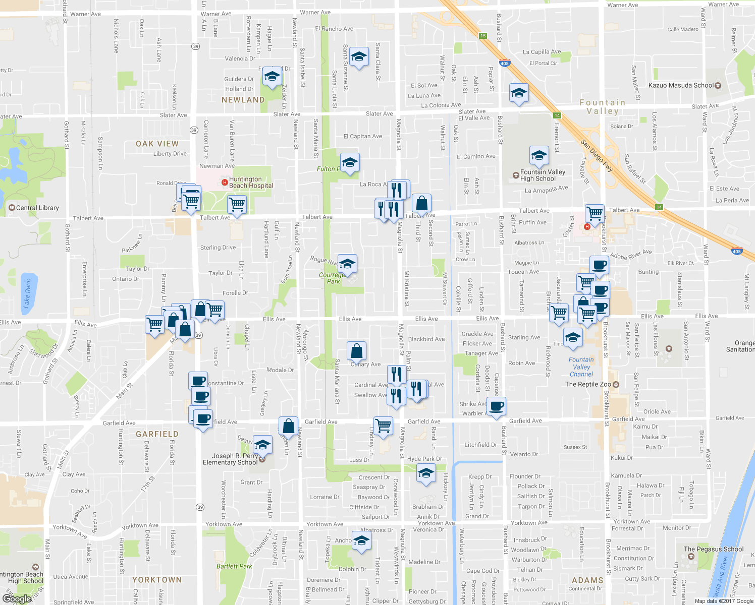 map of restaurants, bars, coffee shops, grocery stores, and more near 18422 Santa Eugenia Street in Fountain Valley
