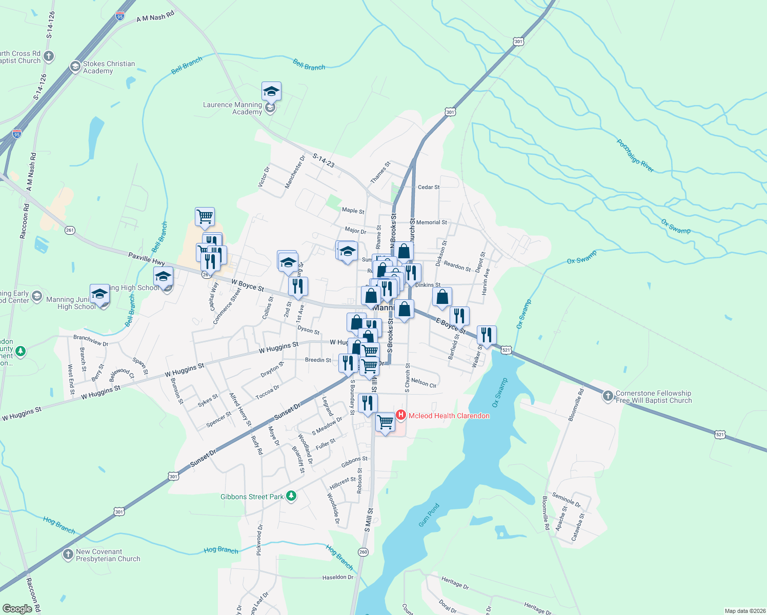 map of restaurants, bars, coffee shops, grocery stores, and more near 1-99 West Boyce Street in Manning