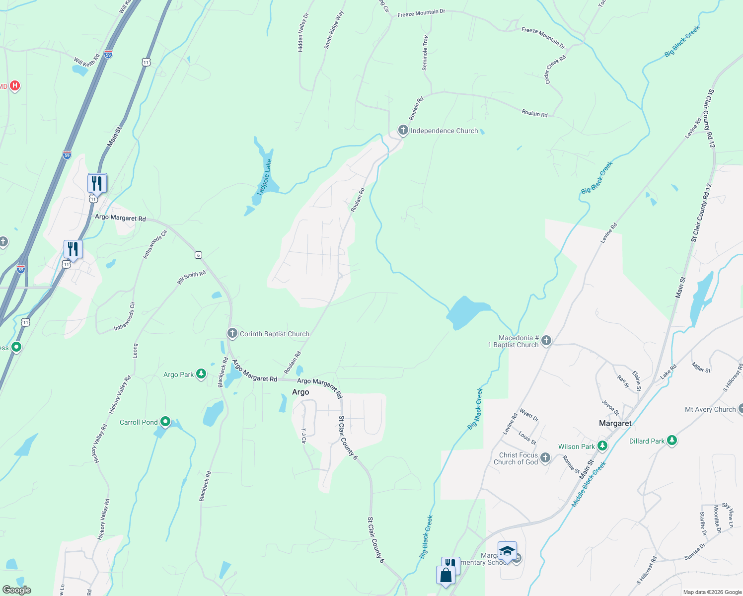 map of restaurants, bars, coffee shops, grocery stores, and more near 95 Briar Ridge Circle in Odenville