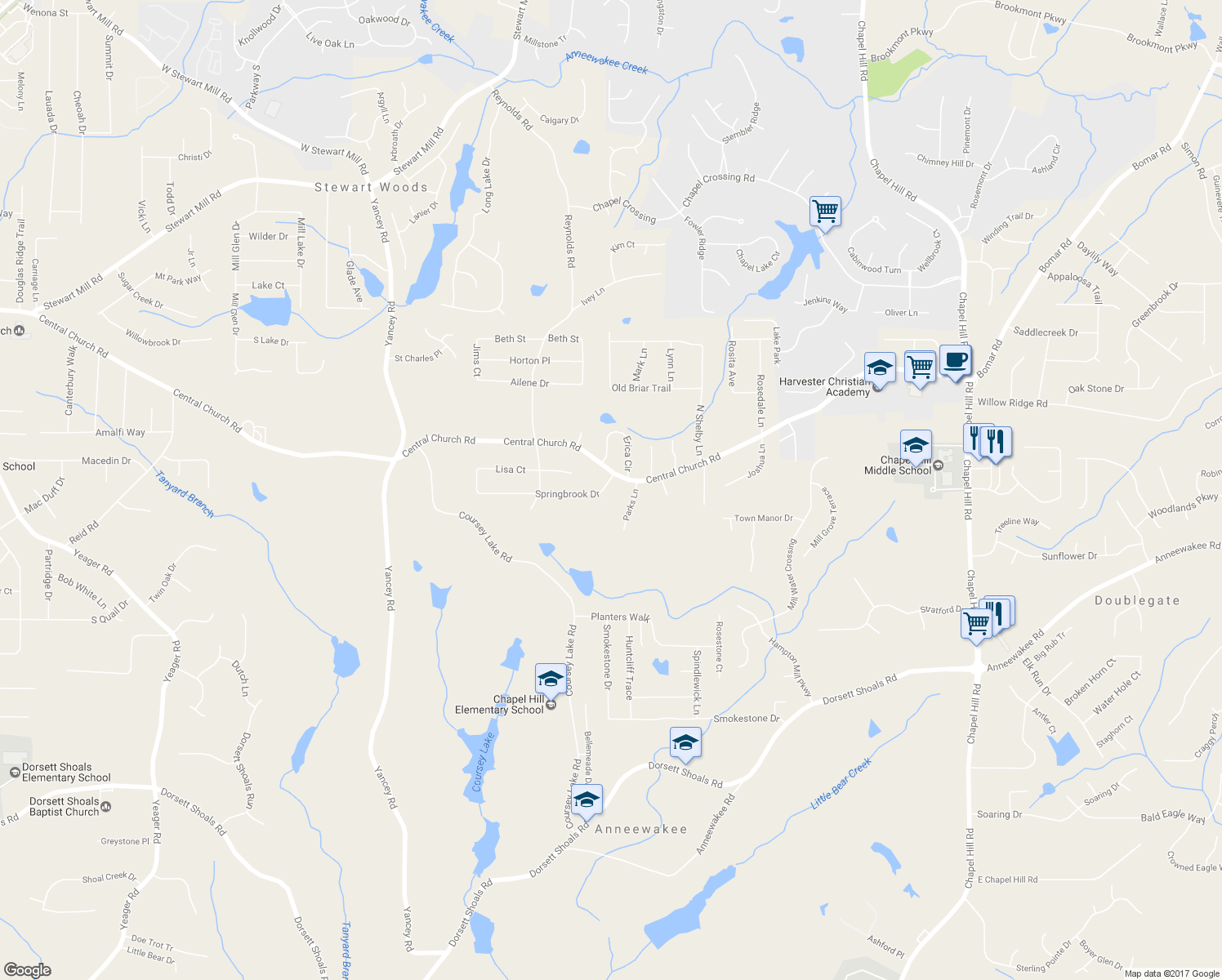 map of restaurants, bars, coffee shops, grocery stores, and more near 4048 Springbrook Drive in Douglasville