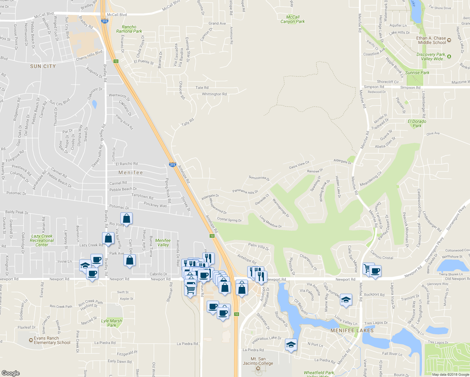 map of restaurants, bars, coffee shops, grocery stores, and more near 28016 Panorama Hills Drive in Menifee