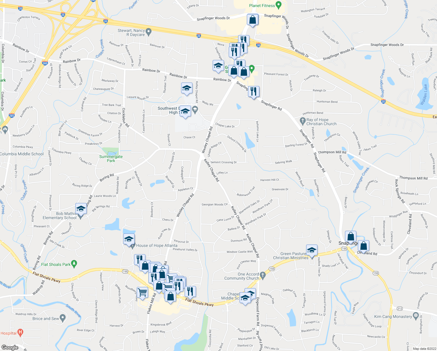 map of restaurants, bars, coffee shops, grocery stores, and more near 3022 Kelley Chapel Road in Decatur