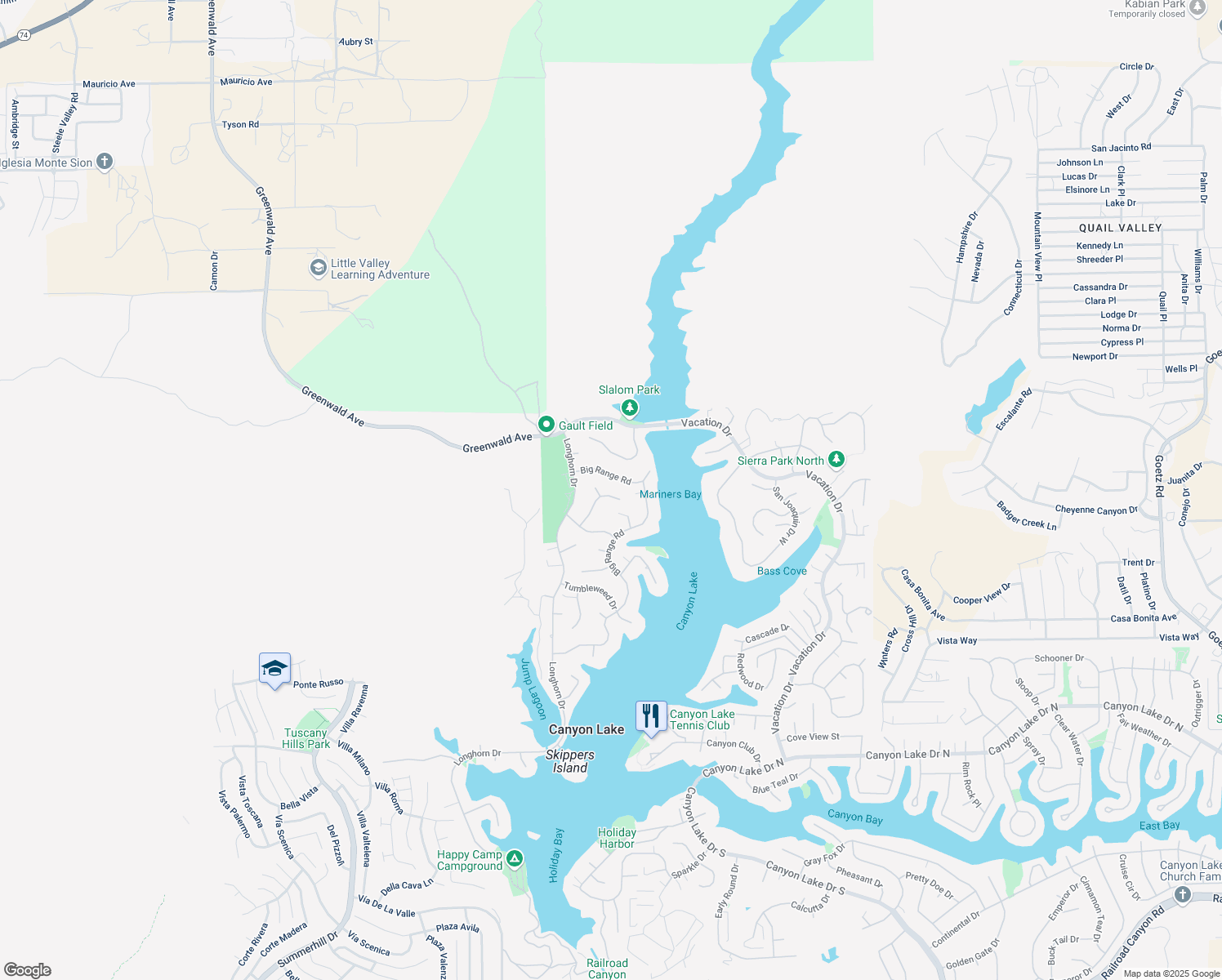 map of restaurants, bars, coffee shops, grocery stores, and more near 29315 Stampede Way in Canyon Lake