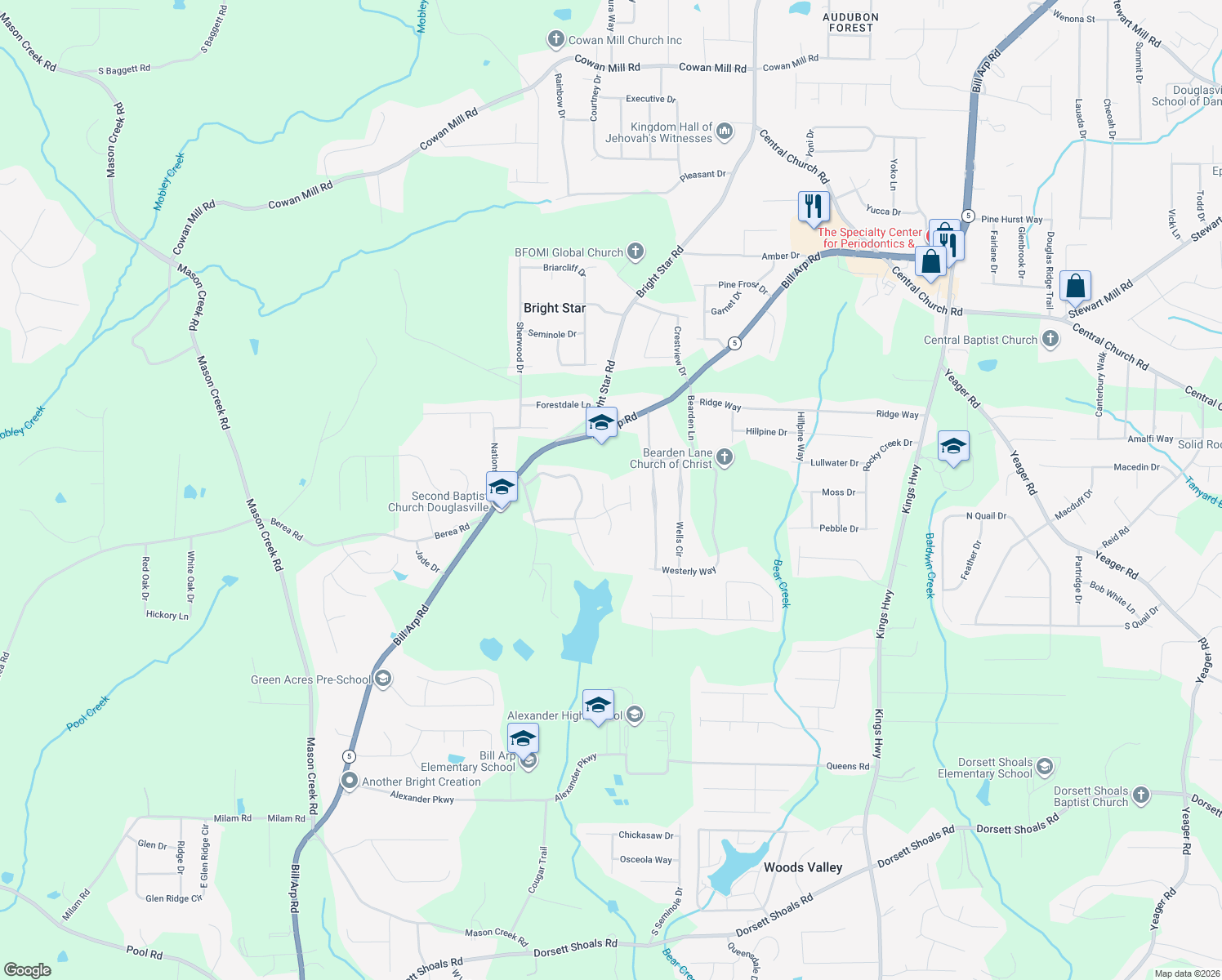 map of restaurants, bars, coffee shops, grocery stores, and more near 4089 Knotty Oak Trail in Douglasville