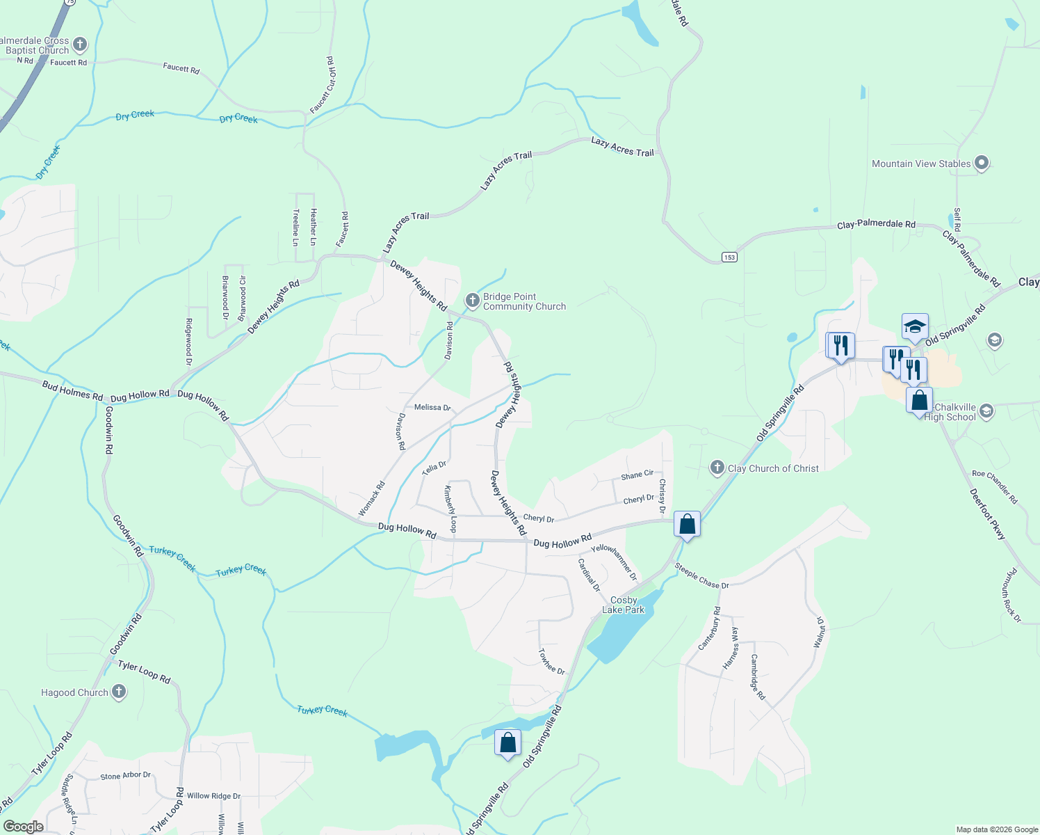 map of restaurants, bars, coffee shops, grocery stores, and more near 5732 Oakhill Drive in Pinson