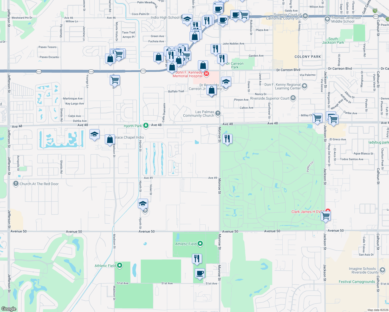 map of restaurants, bars, coffee shops, grocery stores, and more near 48539 Anastacia Court in Indio