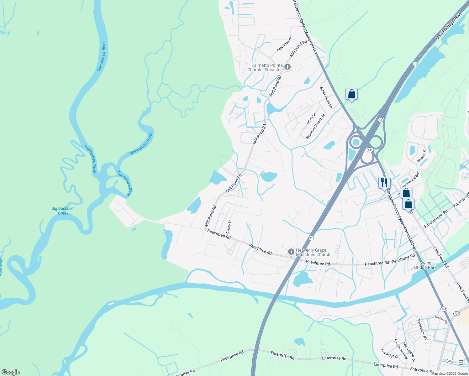 map of restaurants, bars, coffee shops, grocery stores, and more near 5401 Mill Pond Road in Myrtle Beach