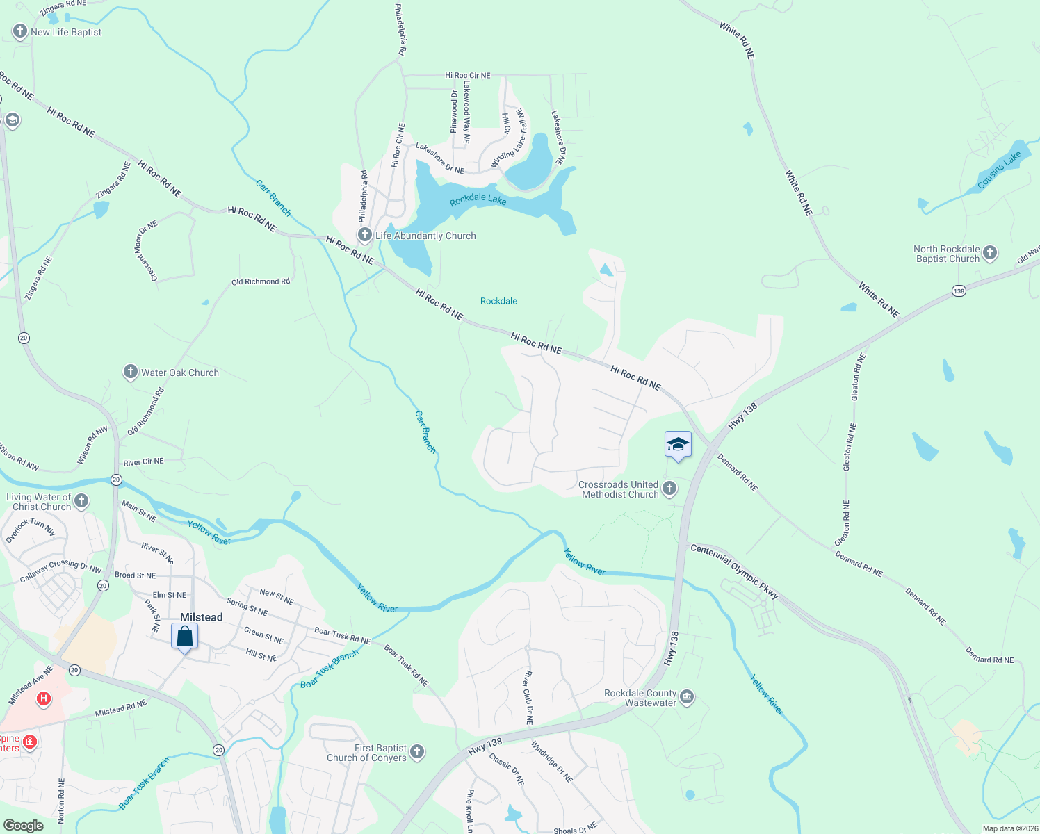 map of restaurants, bars, coffee shops, grocery stores, and more near 2500 Fraggle Roc in Conyers
