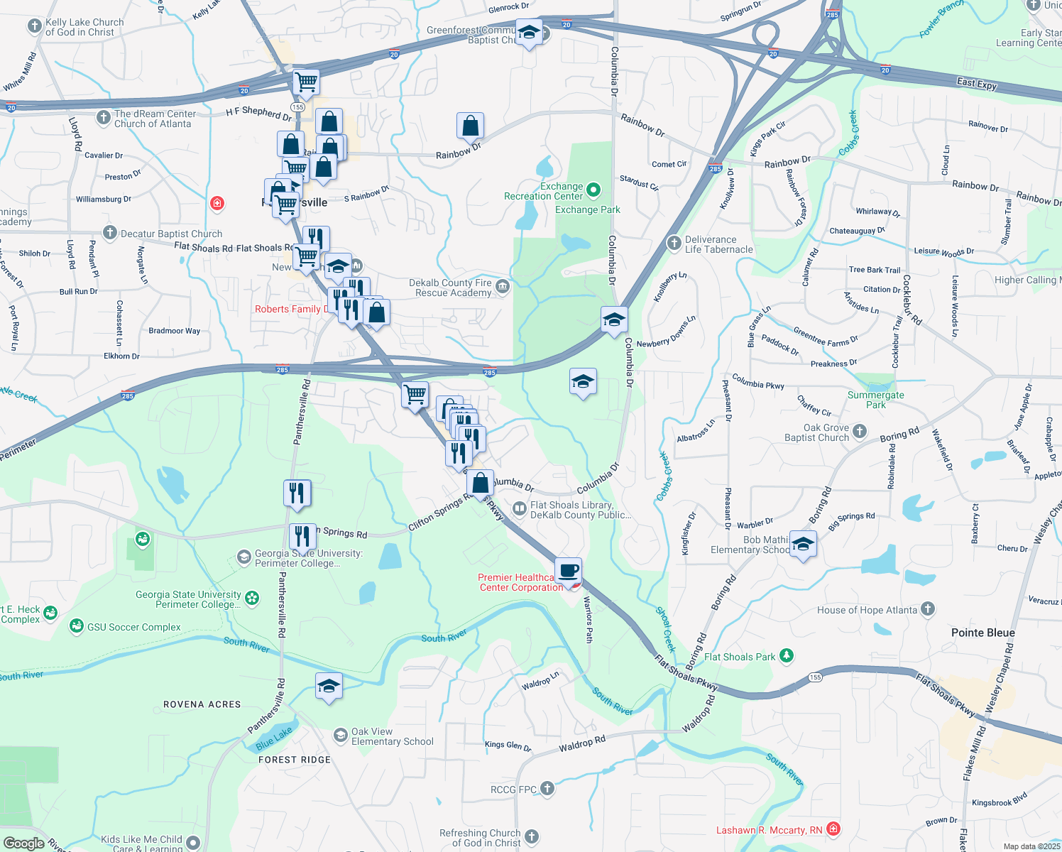 map of restaurants, bars, coffee shops, grocery stores, and more near 2852 Vining Ridge Terrace in Decatur