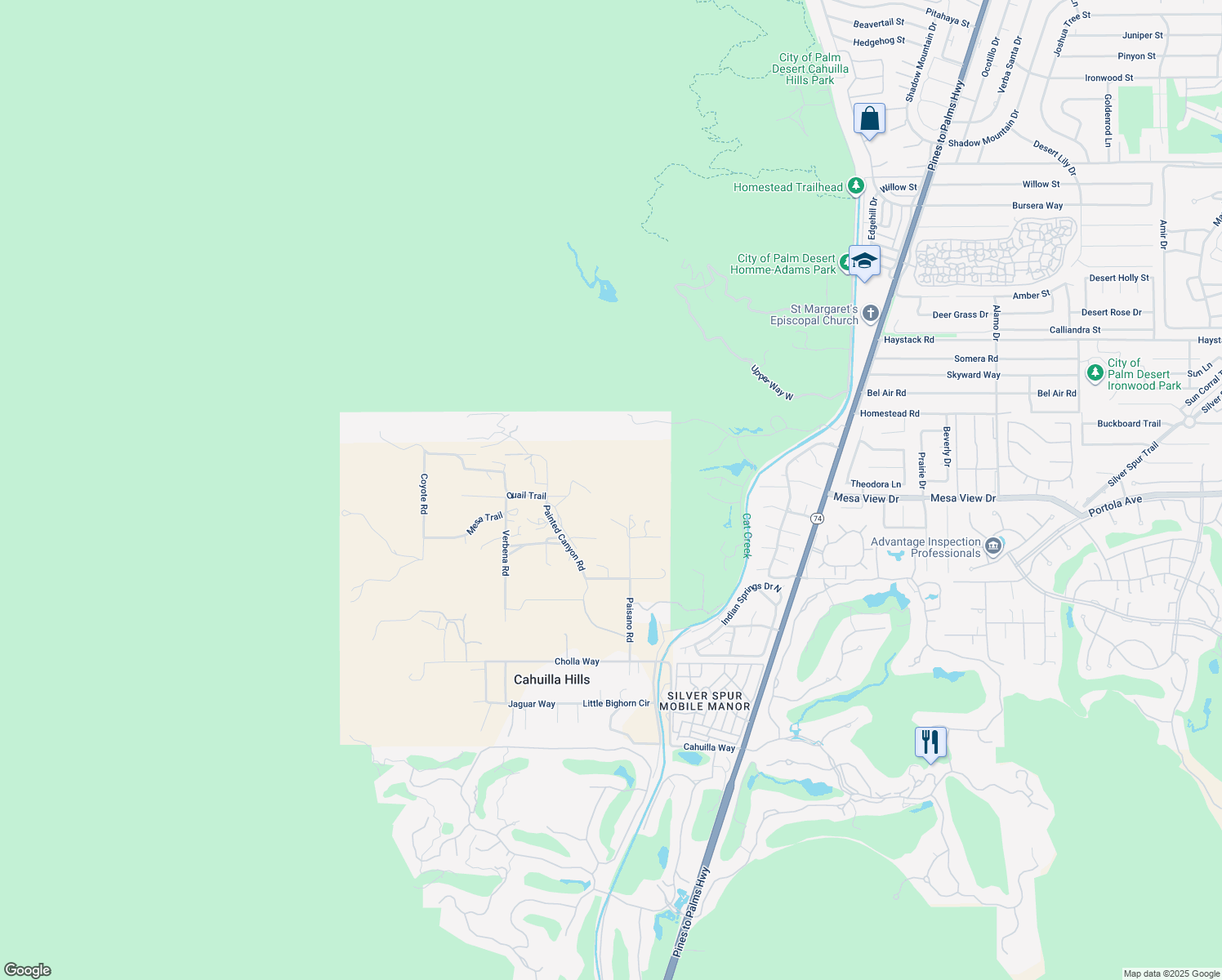 map of restaurants, bars, coffee shops, grocery stores, and more near 71800 Quail Trail in Palm Desert