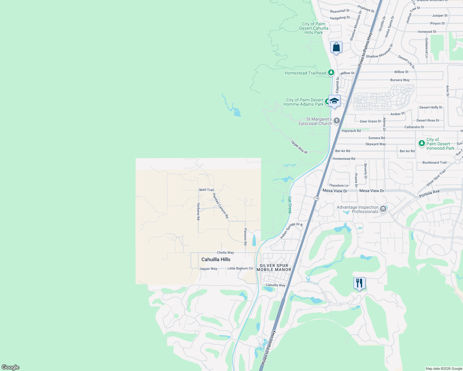 map of restaurants, bars, coffee shops, grocery stores, and more near 71750 Quail Trail in Palm Desert