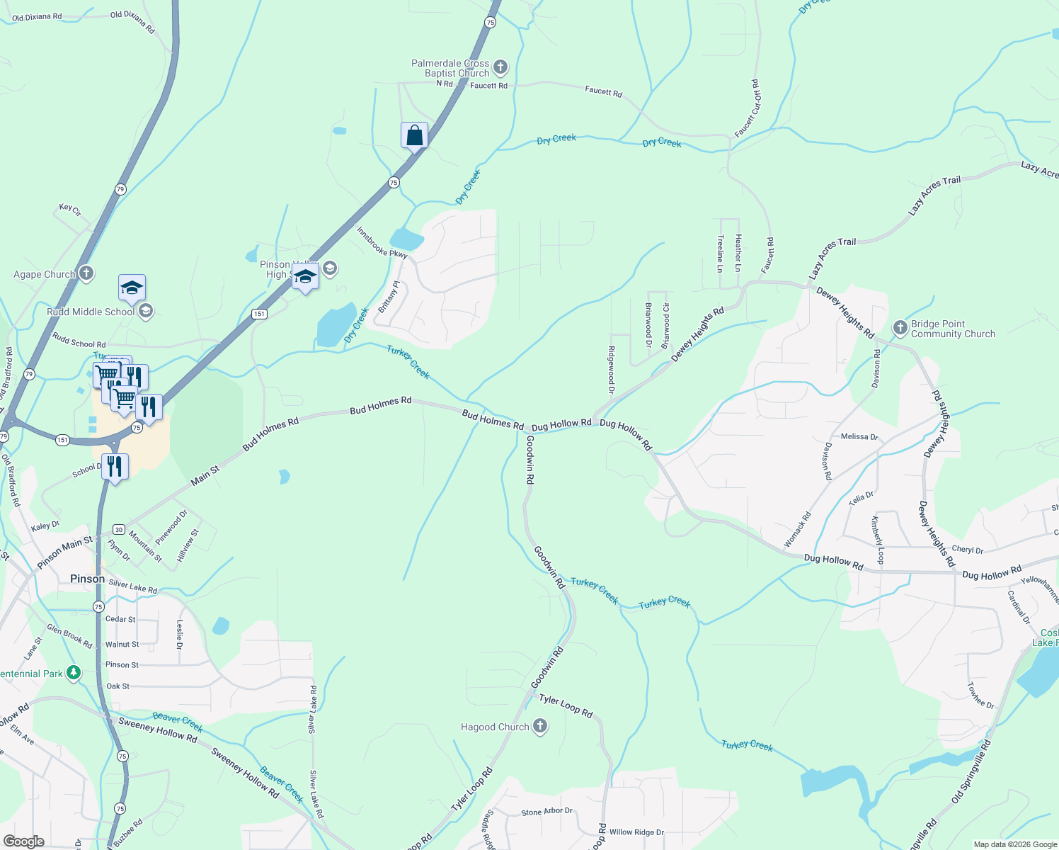 map of restaurants, bars, coffee shops, grocery stores, and more near 5026 Bud Holmes Road in Pinson