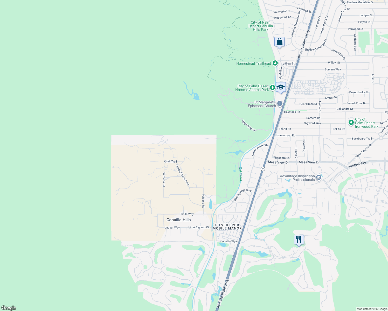 map of restaurants, bars, coffee shops, grocery stores, and more near 71750 Quail Trail in Palm Desert