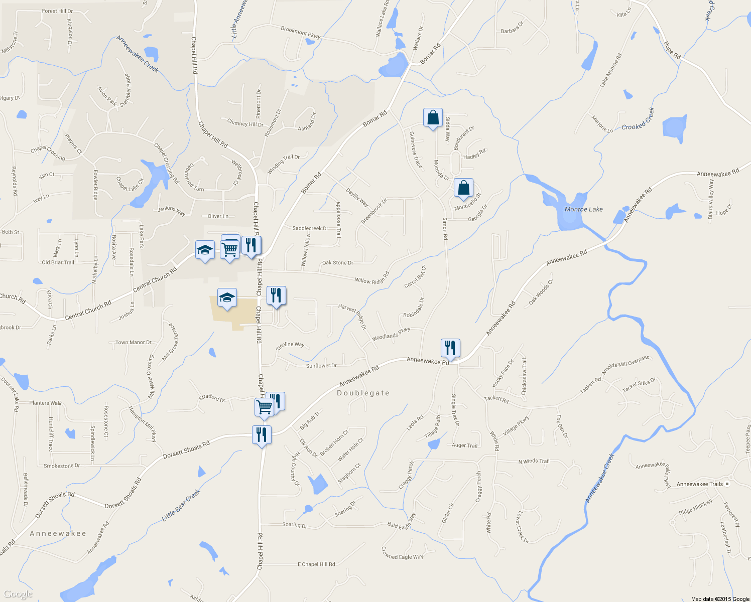 map of restaurants, bars, coffee shops, grocery stores, and more near 4005 Greentree Court in Douglasville