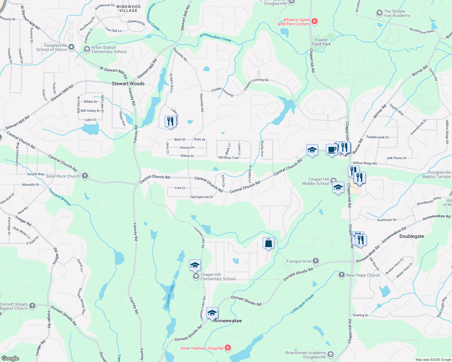 map of restaurants, bars, coffee shops, grocery stores, and more near 3890 Erica Circle in Douglasville