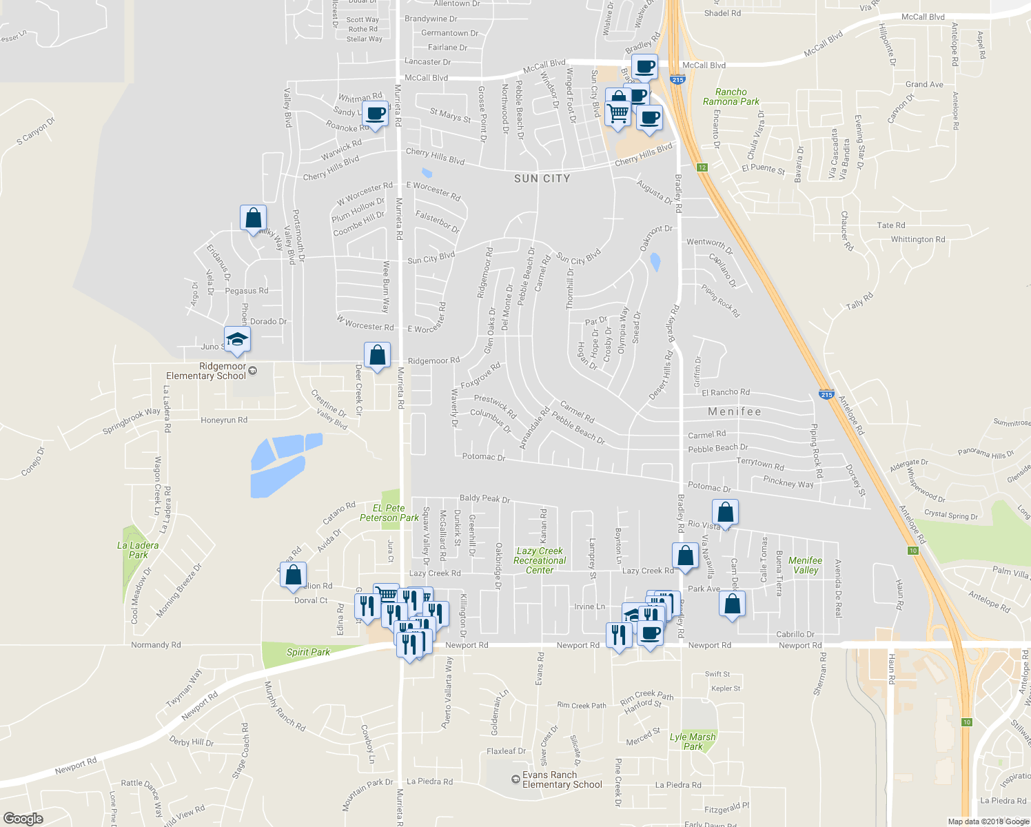 map of restaurants, bars, coffee shops, grocery stores, and more near 29130 Prestwick Road in Menifee
