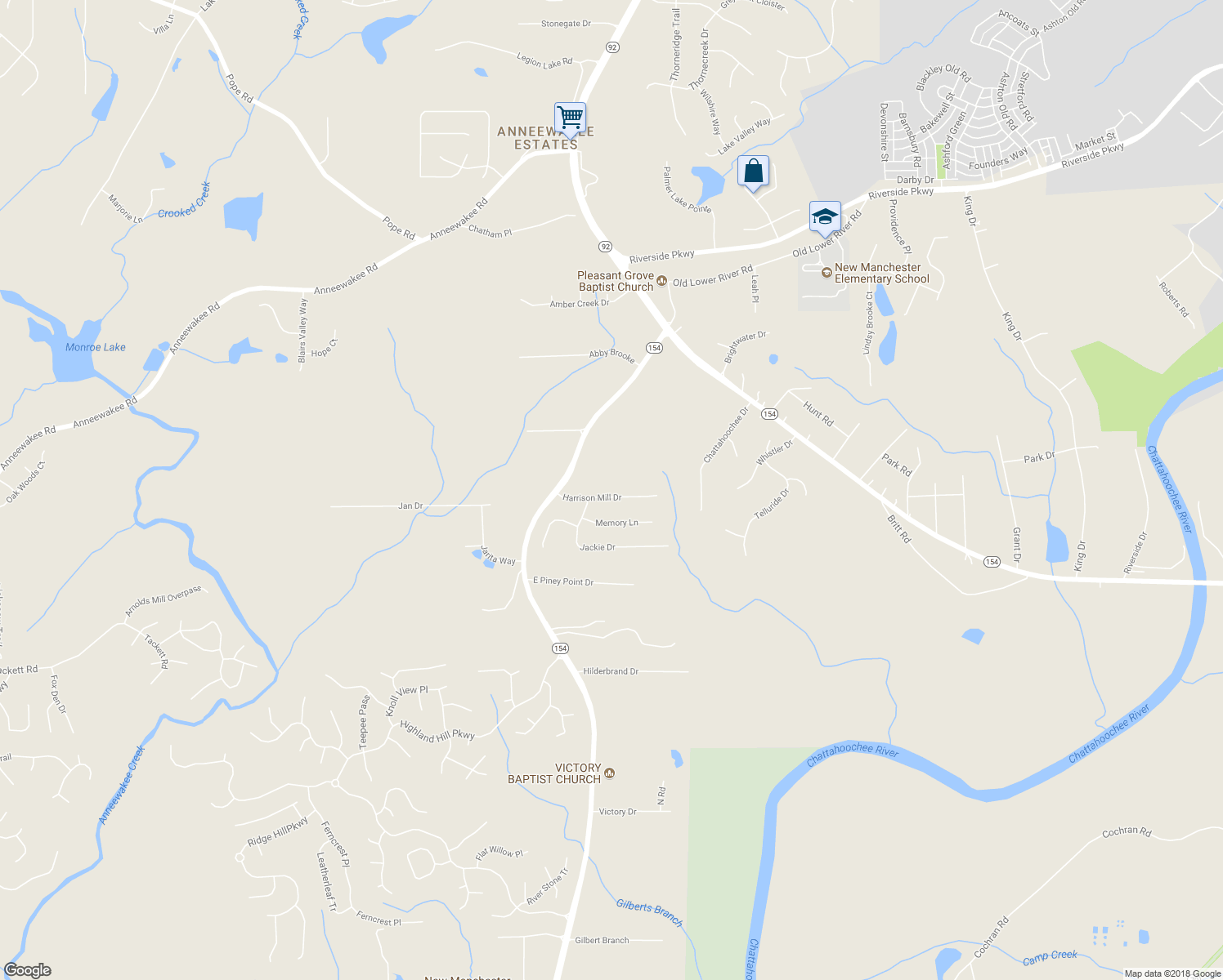 map of restaurants, bars, coffee shops, grocery stores, and more near 2620 Harrison Mill Drive in Douglasville
