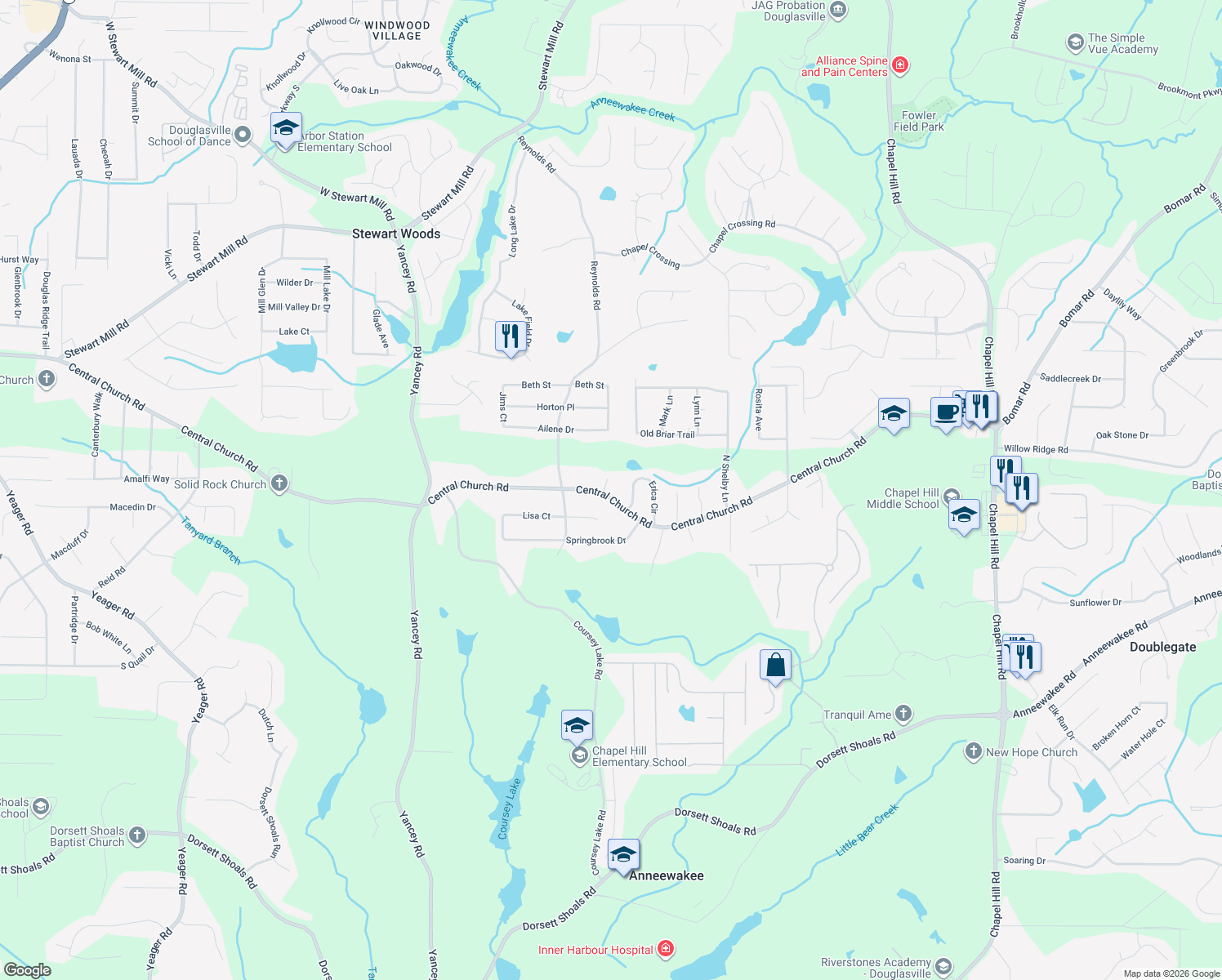 map of restaurants, bars, coffee shops, grocery stores, and more near 4912 Central Church Road in Douglasville