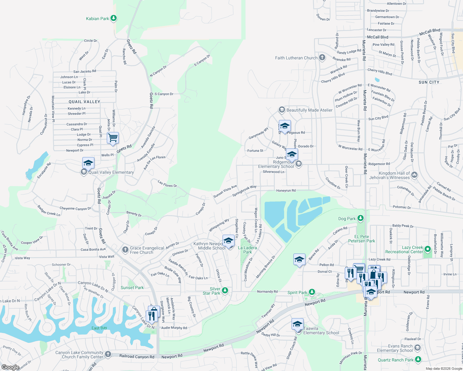 map of restaurants, bars, coffee shops, grocery stores, and more near 24958 Sunset Vista Avenue in Menifee