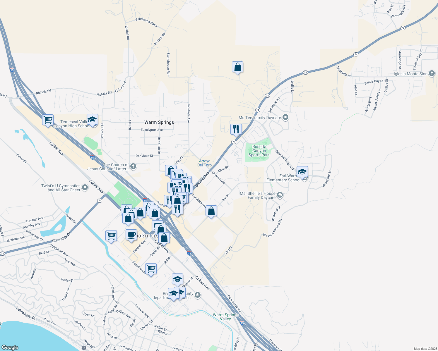 map of restaurants, bars, coffee shops, grocery stores, and more near 29122 Allan Street in Lake Elsinore