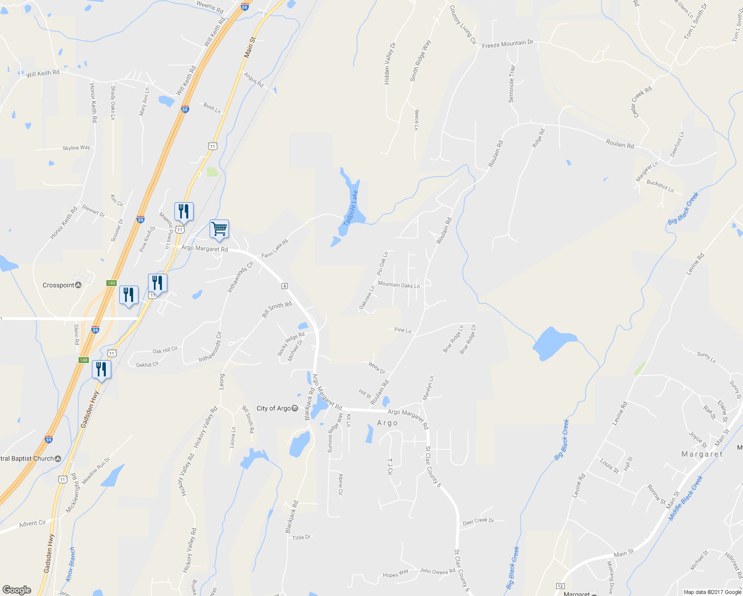map of restaurants, bars, coffee shops, grocery stores, and more near 135 Oakview Lane in Odenville