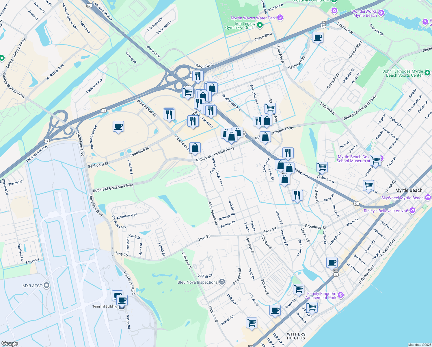 map of restaurants, bars, coffee shops, grocery stores, and more near 1261 Naylor Avenue in Myrtle Beach