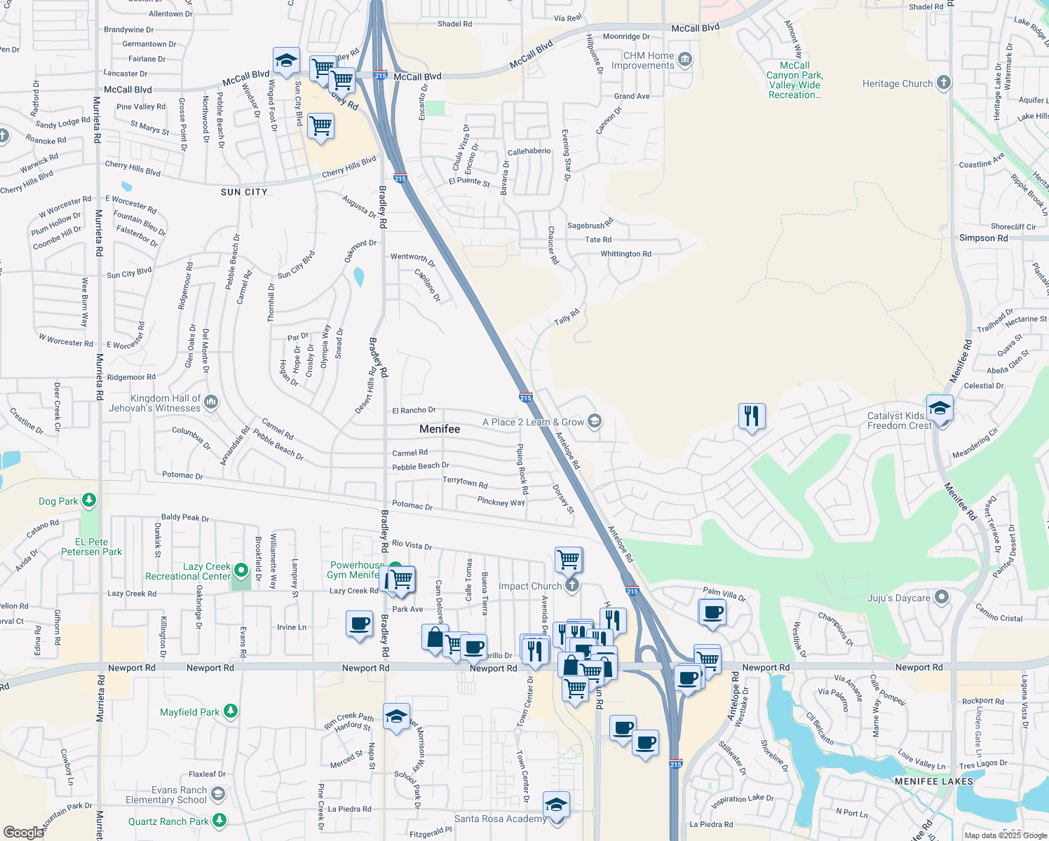 map of restaurants, bars, coffee shops, grocery stores, and more near 29208 Piping Rock Road in Menifee