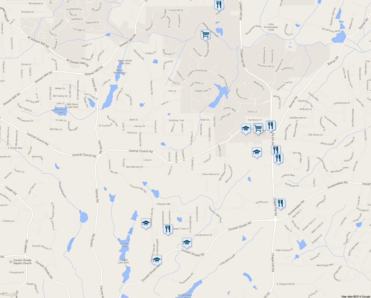 map of restaurants, bars, coffee shops, grocery stores, and more near 3963 Holland Court in Douglasville