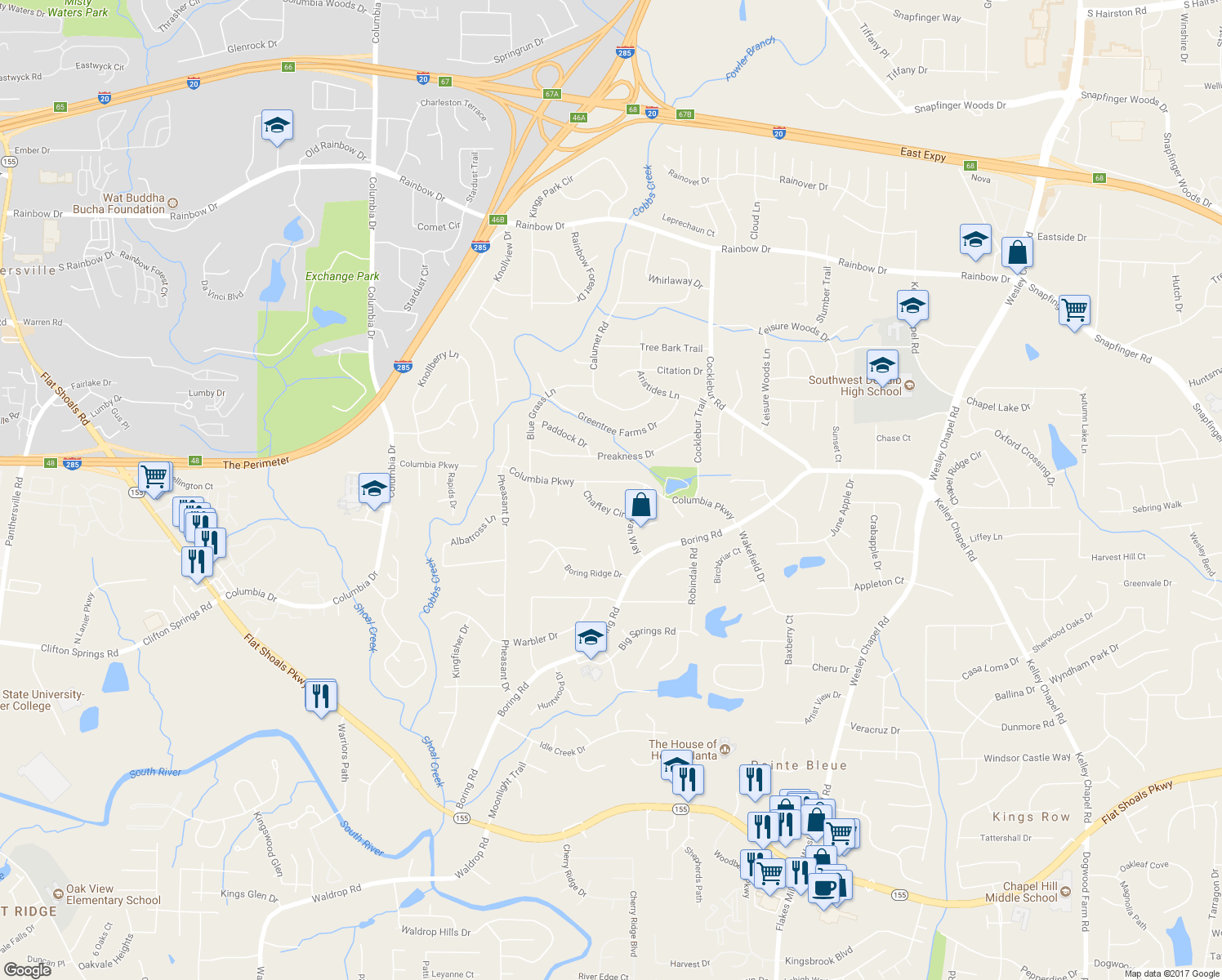 map of restaurants, bars, coffee shops, grocery stores, and more near 3615 Columbia Parkway in Decatur
