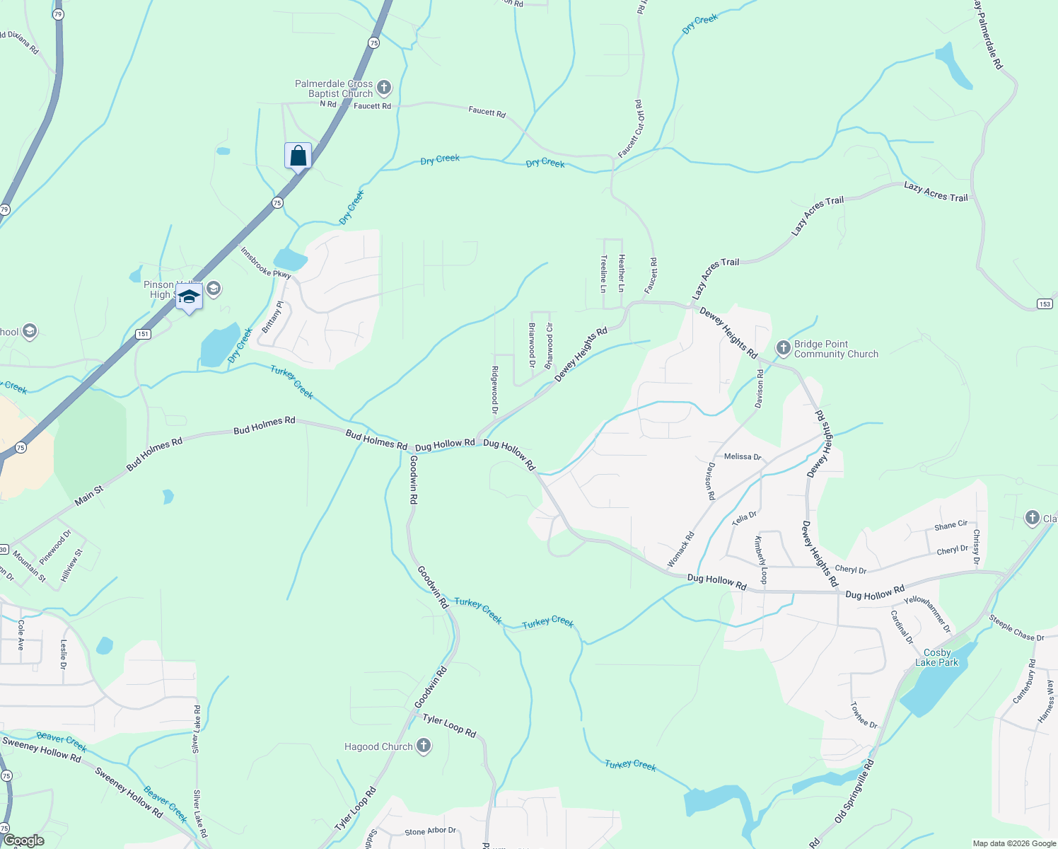 map of restaurants, bars, coffee shops, grocery stores, and more near 5134 Dug Hollow Road in Pinson
