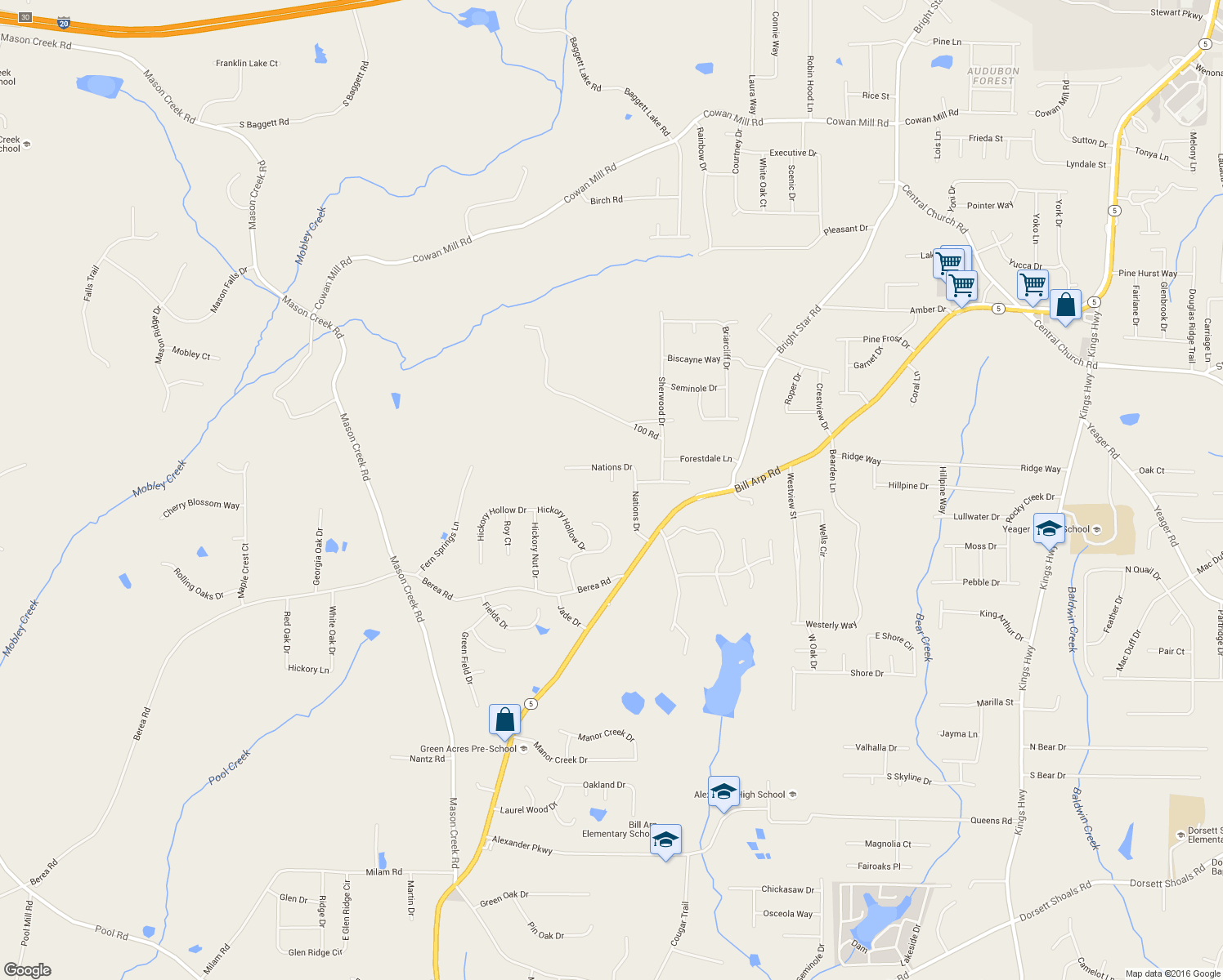 map of restaurants, bars, coffee shops, grocery stores, and more near 3980 Watkins Way in Douglasville