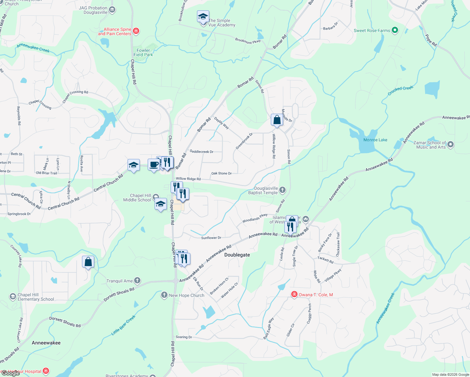 map of restaurants, bars, coffee shops, grocery stores, and more near 4045 Willow Ridge Rd in Douglasville