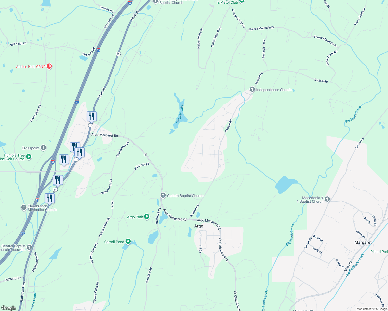 map of restaurants, bars, coffee shops, grocery stores, and more near 135 Oakview Lane in Odenville