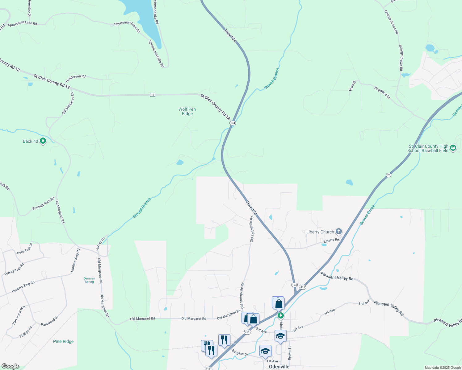 map of restaurants, bars, coffee shops, grocery stores, and more near 49 Poplar in Odenville