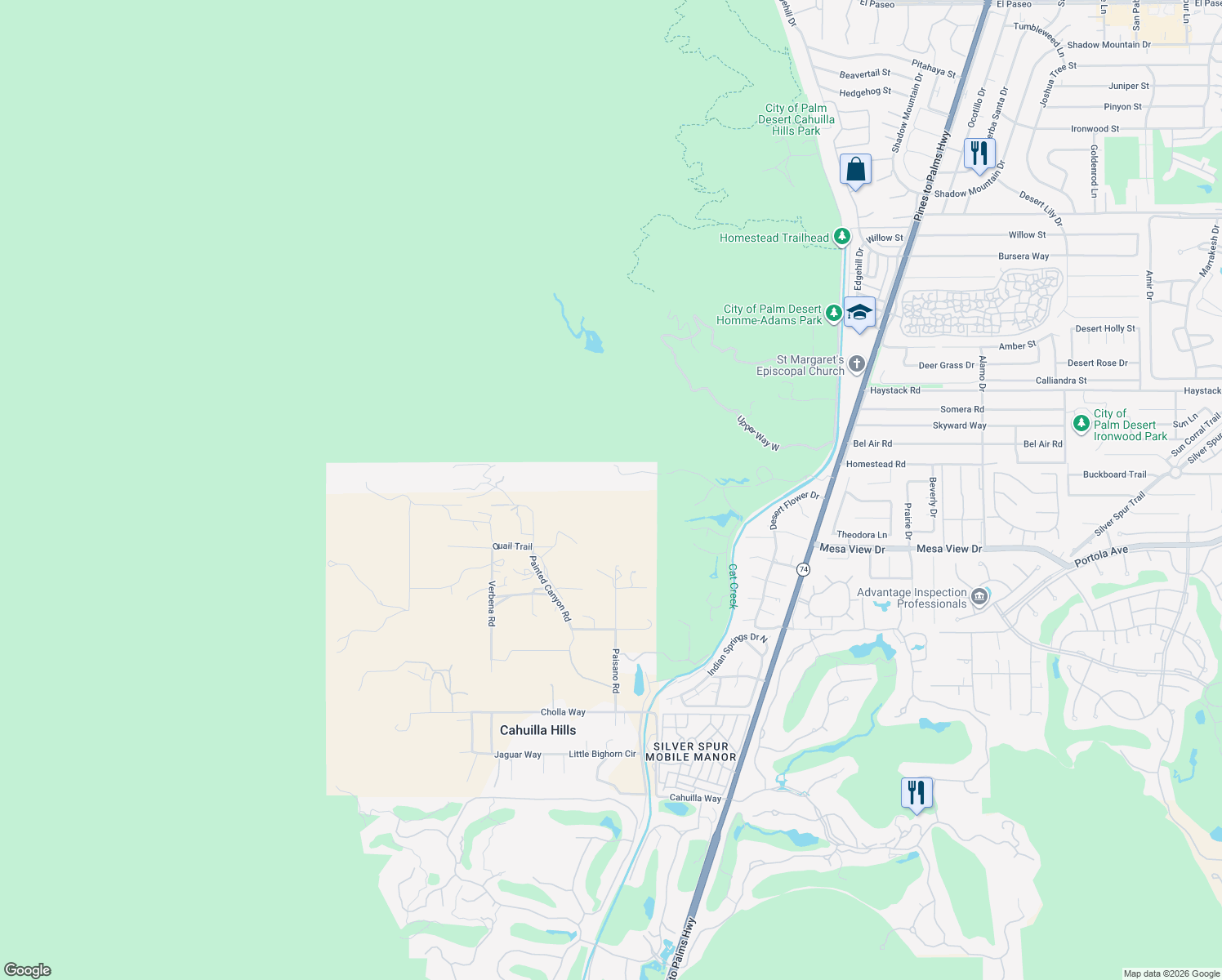 map of restaurants, bars, coffee shops, grocery stores, and more near 72500 Stone Eagle Drive in Palm Desert