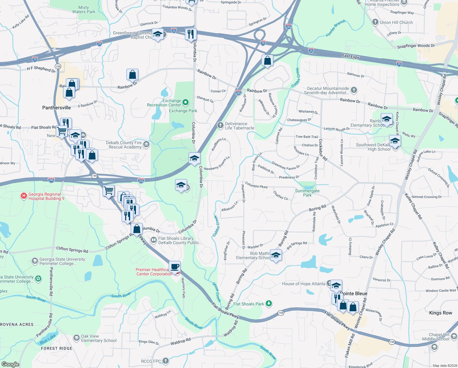 map of restaurants, bars, coffee shops, grocery stores, and more near 3453 Columbia Pkwy in Decatur