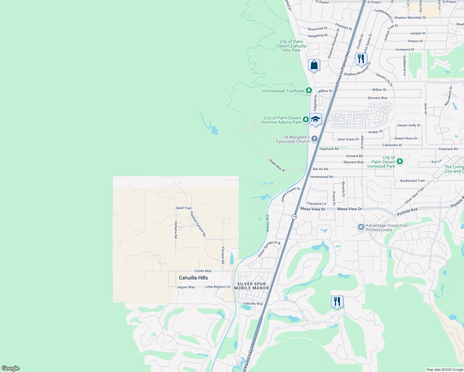 map of restaurants, bars, coffee shops, grocery stores, and more near in Palm Desert
