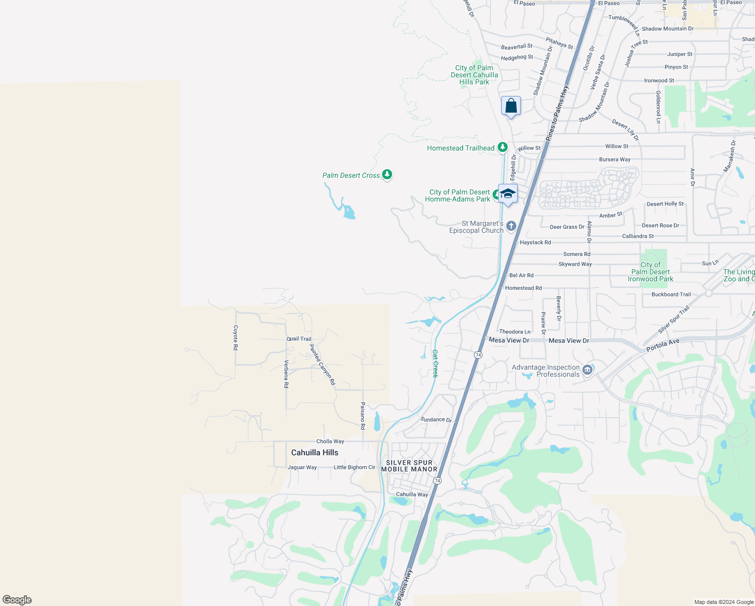 map of restaurants, bars, coffee shops, grocery stores, and more near 2 Palm Desert Drive North in Palm Desert
