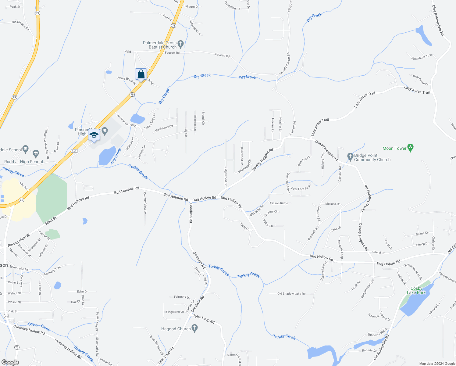 map of restaurants, bars, coffee shops, grocery stores, and more near 6719 Ridgewood Drive in Pinson