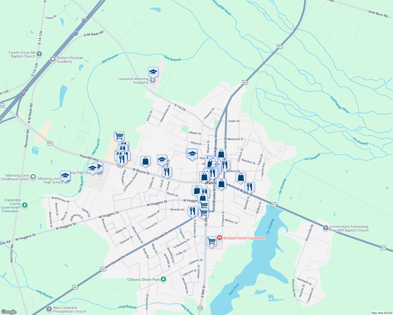 map of restaurants, bars, coffee shops, grocery stores, and more near 107 Sumter Street in Manning