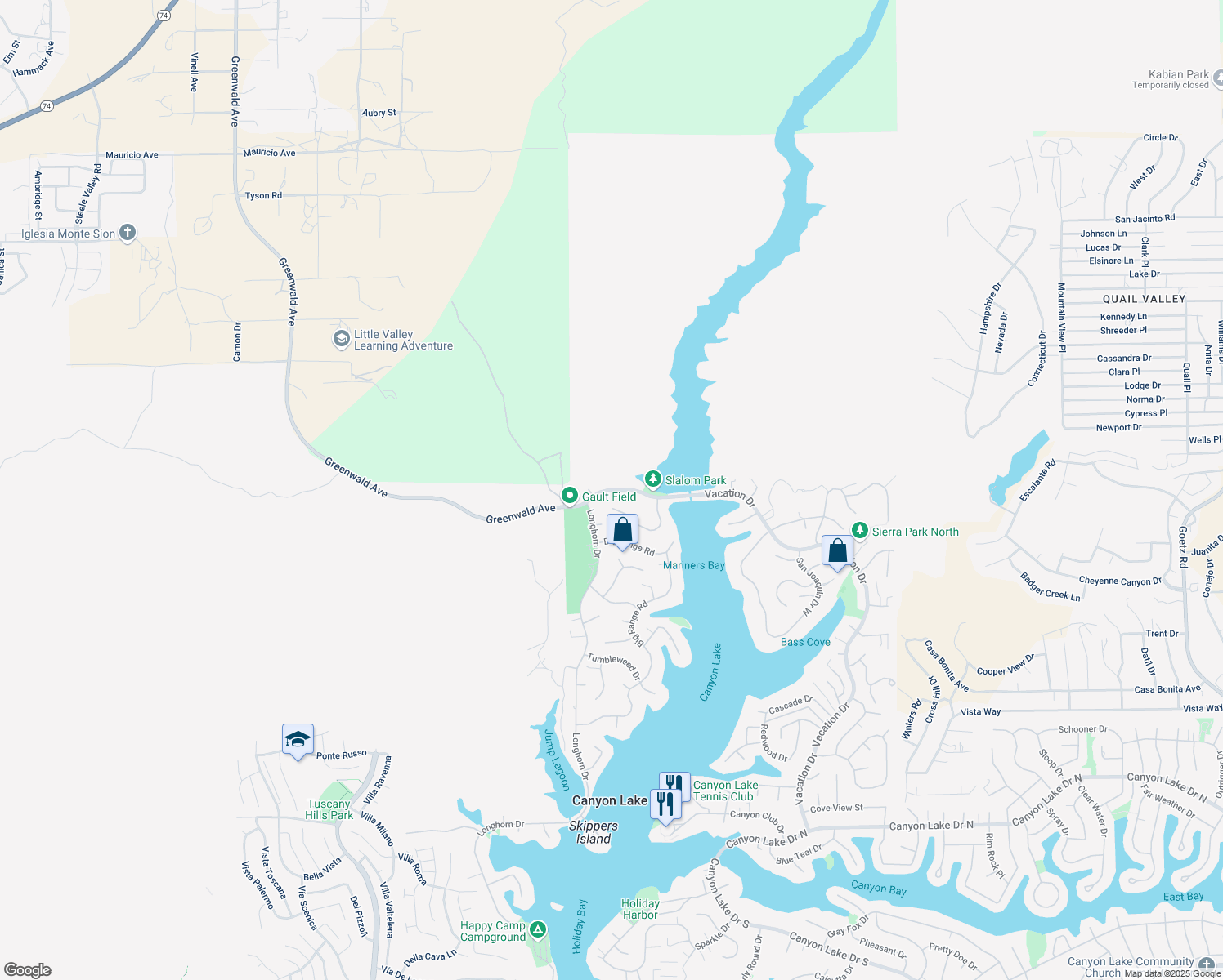 map of restaurants, bars, coffee shops, grocery stores, and more near 22122 Vacation Drive in Canyon Lake