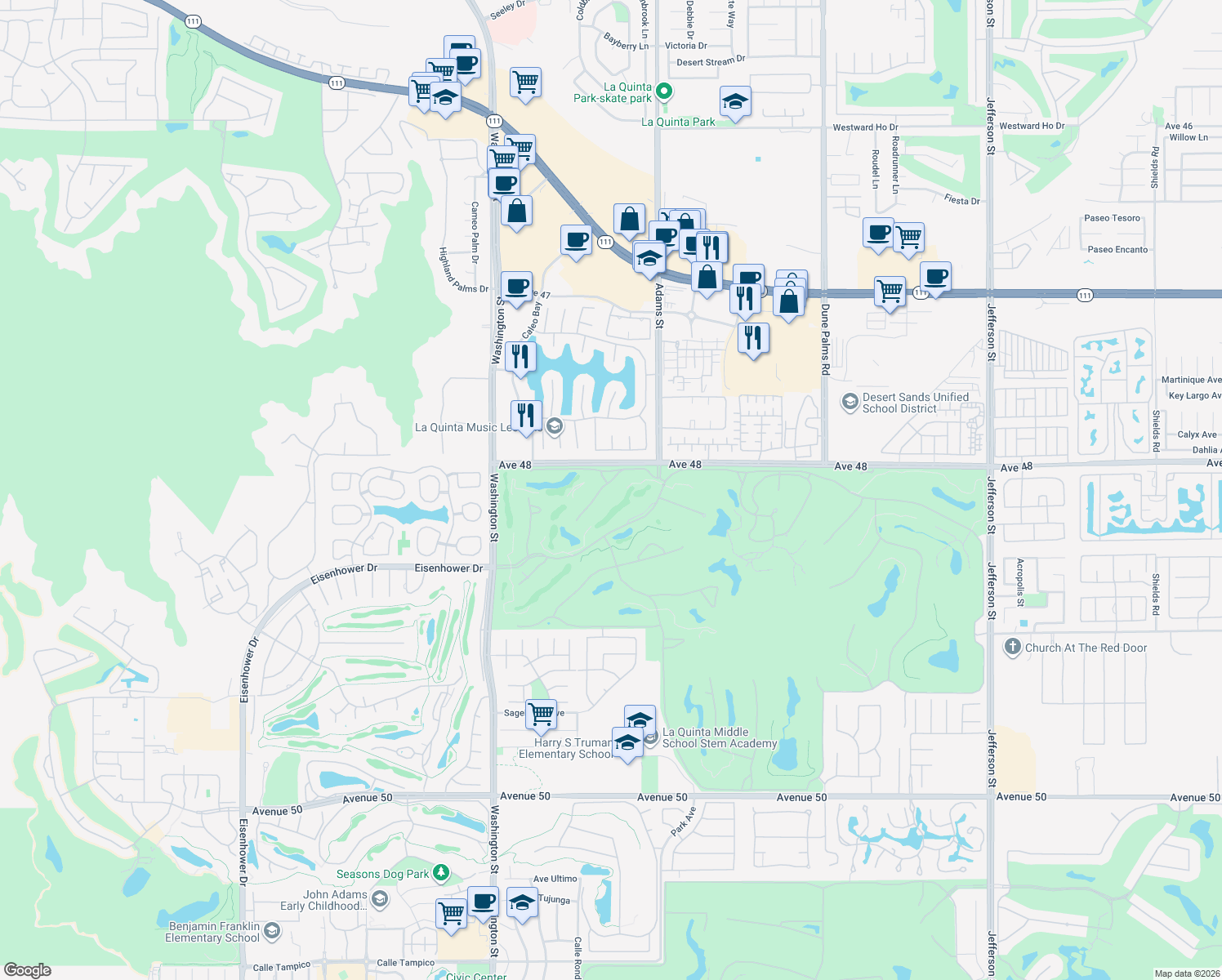 map of restaurants, bars, coffee shops, grocery stores, and more near 48110 Paso Tiempo Ln in La Quinta
