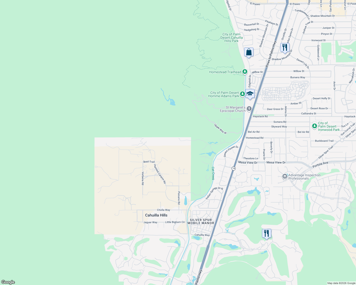 map of restaurants, bars, coffee shops, grocery stores, and more near 72500 Stone Eagle Drive in Palm Desert