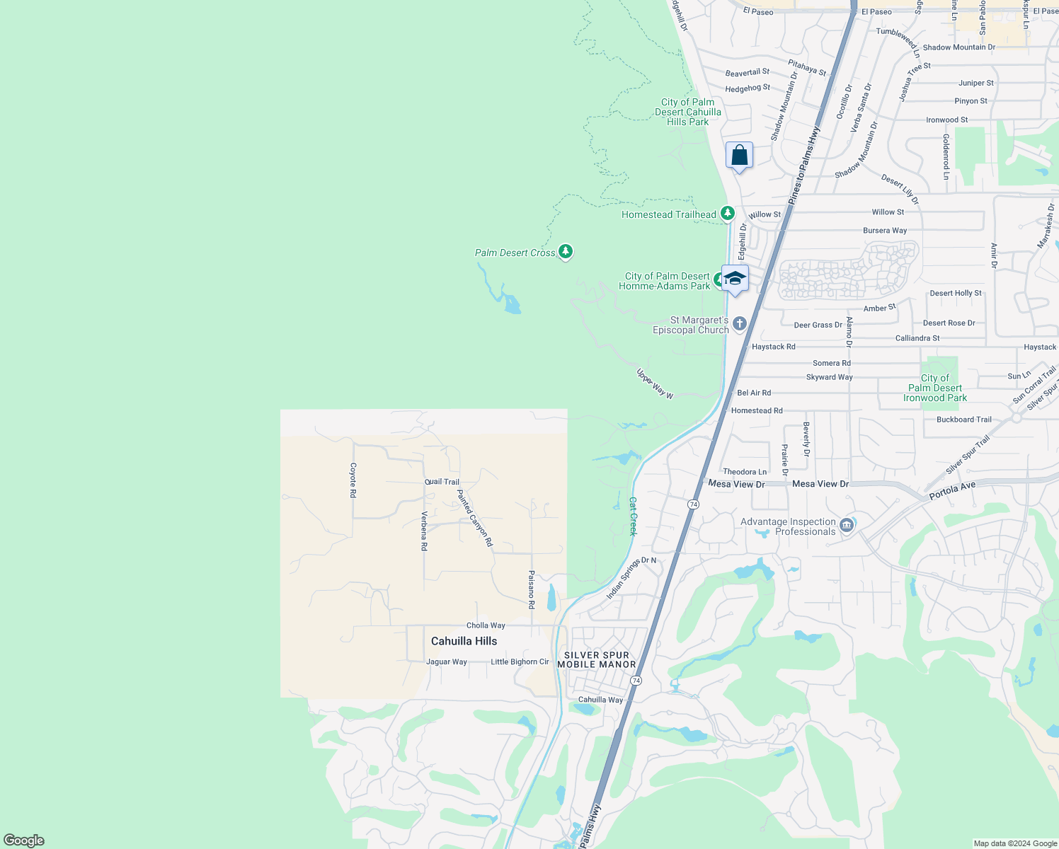map of restaurants, bars, coffee shops, grocery stores, and more near 2 Palm Desert Drive North in Palm Desert