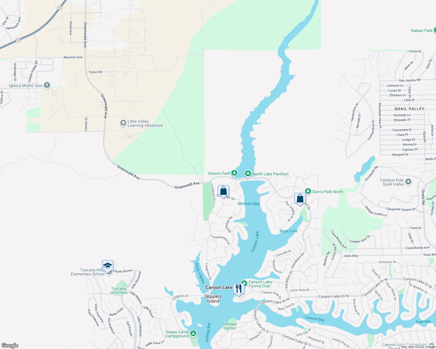 map of restaurants, bars, coffee shops, grocery stores, and more near 22122 Vacation Drive in Canyon Lake