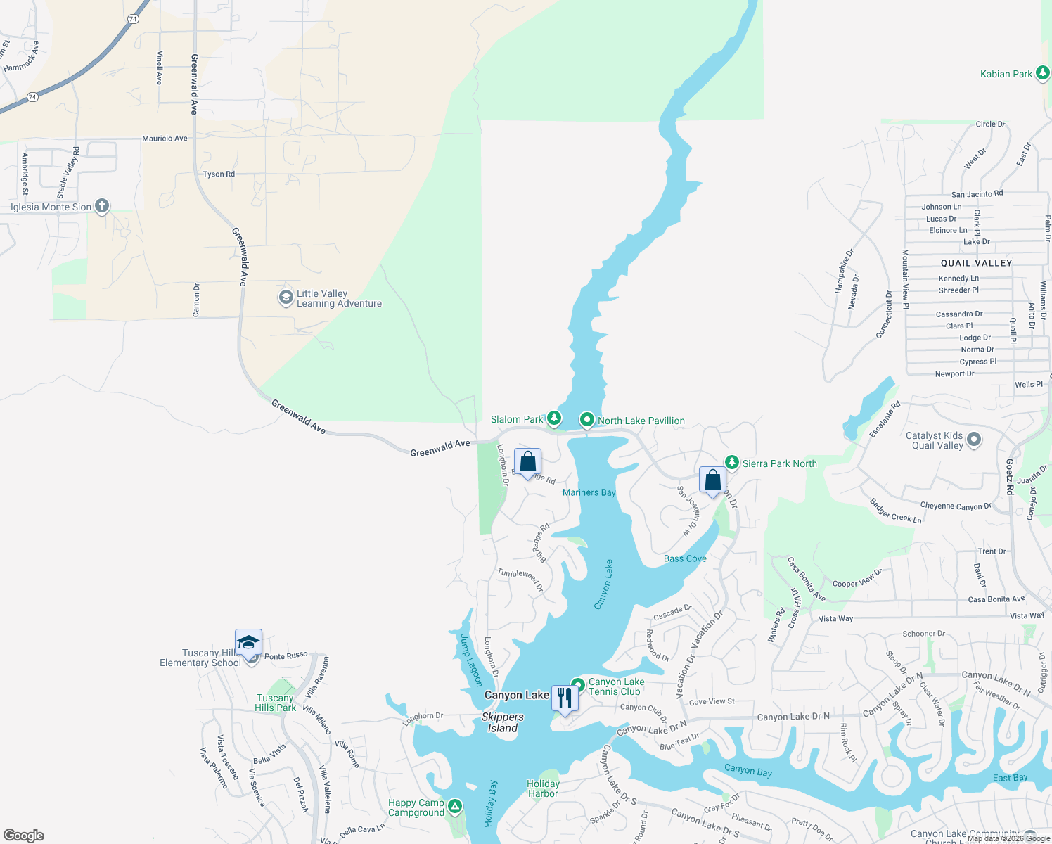 map of restaurants, bars, coffee shops, grocery stores, and more near 22150 Vacation Drive in Canyon Lake