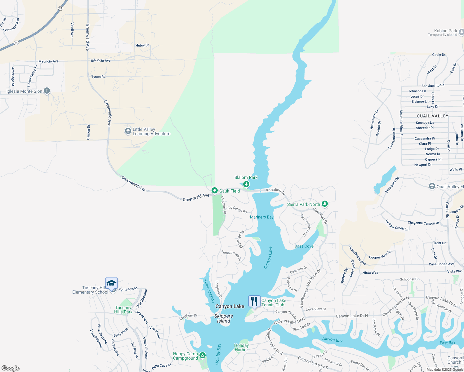 map of restaurants, bars, coffee shops, grocery stores, and more near 22150 Vacation Drive in Canyon Lake