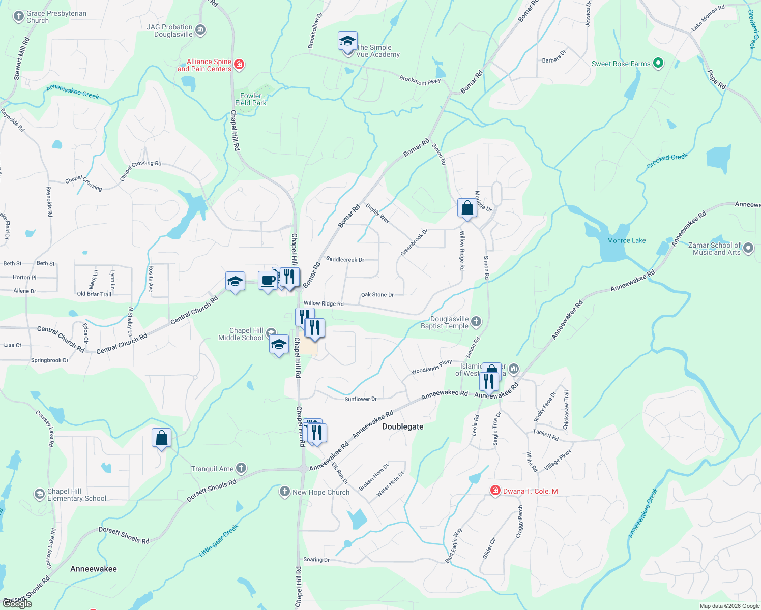 map of restaurants, bars, coffee shops, grocery stores, and more near 4100 Willow Ridge Road in Douglasville