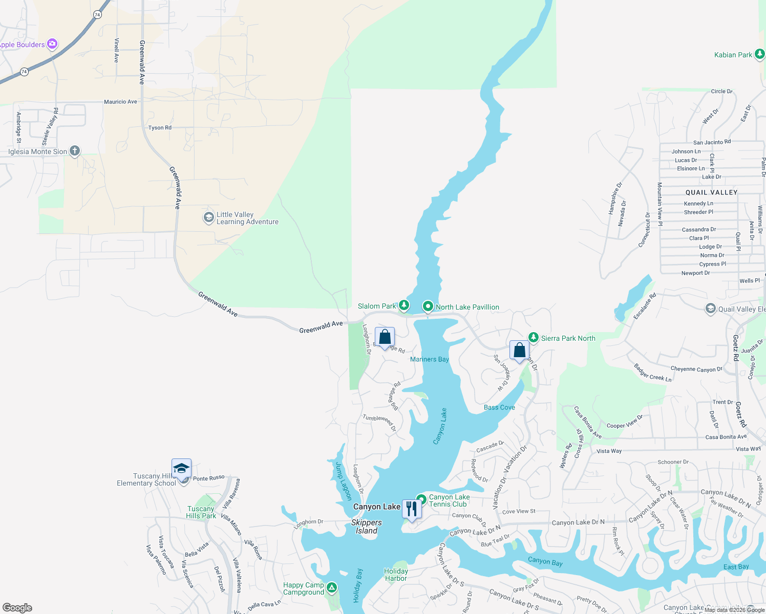 map of restaurants, bars, coffee shops, grocery stores, and more near 22122 Vacation Drive in Canyon Lake